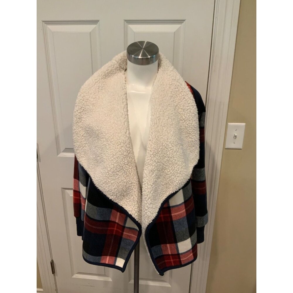 Abercrombie & Fitch Red & Blue Plaid Fleece Lined Open Front Coat, Size XS